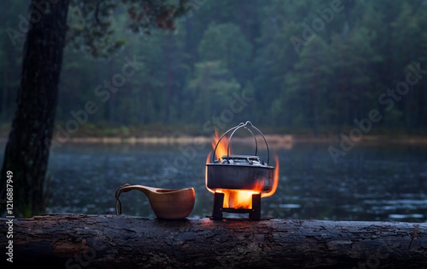 Fototapeta Boiling water in a kettle on a portable solid fuel stove near a lake in the forests a rainy day in the autumn
