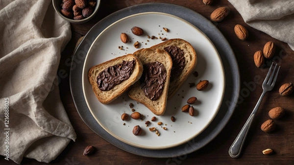 Fototapeta Chocolate cream on slice of toast bread, flat lay, top view. Delicious chocolate and hazelnut cream with nuts on rustic wooden table