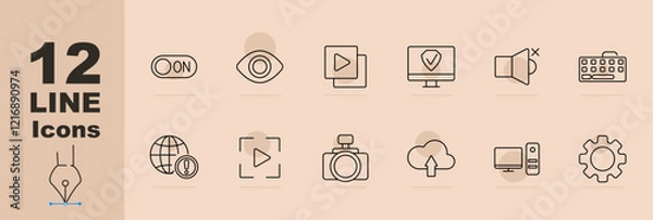 Fototapeta Control set icon. Toggle button, visibility eye, video play, screen verification, muted sound, keyboard, internet globe, media control, upload cloud, PC setup, gear settings. System controls