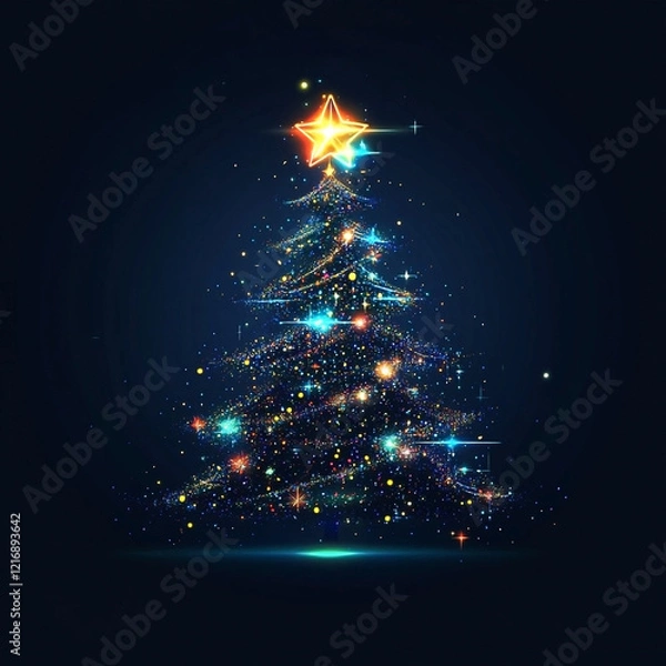Fototapeta A dazzling Christmas tree illustration glows against a dark background with vibrant light