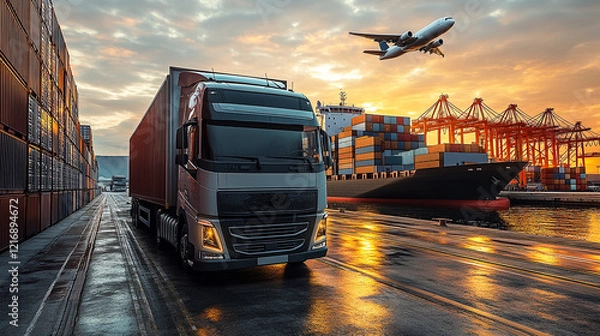 Fototapeta Sunset scene showcasing a freight truck on a dock, a container ship in port, and an airplane in flight.