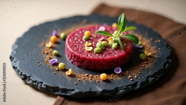 Fototapeta Artistic presentation of vegetarian tartare with beetroot and avocado on slate plate
