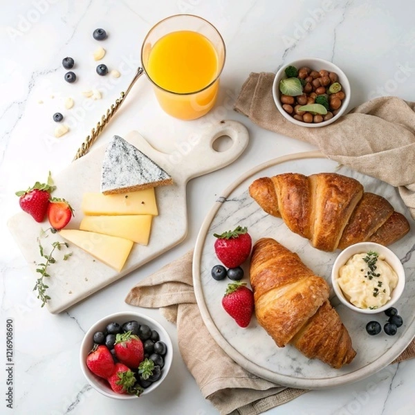Obraz An elegant flat lay of a continental breakfast: croissants, assorted cheeses, fresh fruit, and a glass of orange juice, styled on a white marble surface.