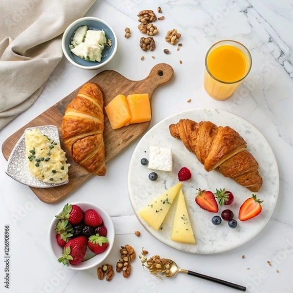 Obraz An elegant flat lay of a continental breakfast: croissants, assorted cheeses, fresh fruit, and a glass of orange juice, styled on a white marble surface.