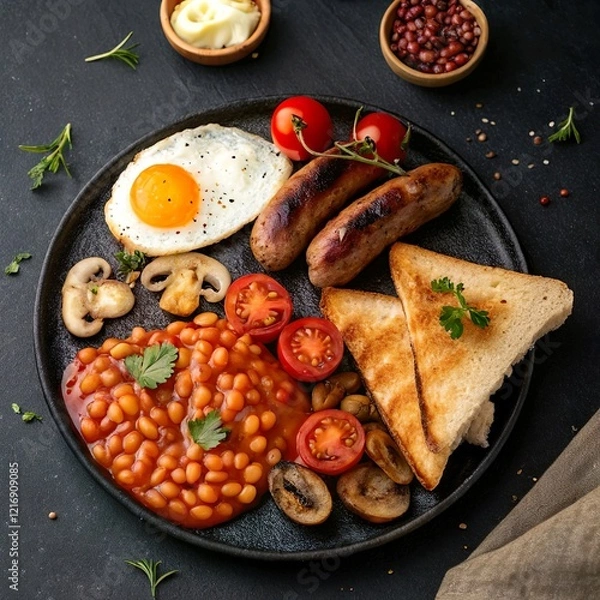 Obraz A hearty flat lay of an English breakfast: fried eggs, sausages, baked beans, grilled tomatoes, mushrooms, and a slice of toast, arranged on a dark slate background.
