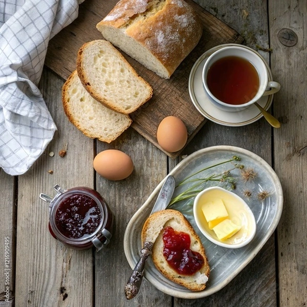 Obraz A rustic flat lay of a farmhouse breakfast: freshly baked bread, butter, jam, boiled eggs, and a cup of tea, styled on a weathered wooden table.