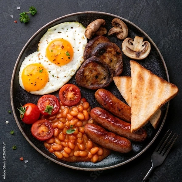 Obraz A hearty flat lay of an English breakfast: fried eggs, sausages, baked beans, grilled tomatoes, mushrooms, and a slice of toast, arranged on a dark slate background.