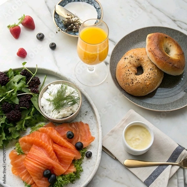 Obraz A luxurious flat lay of a brunch spread: smoked salmon, cream cheese bagel, mixed greens, and a mimosa, styled on a marble countertop.