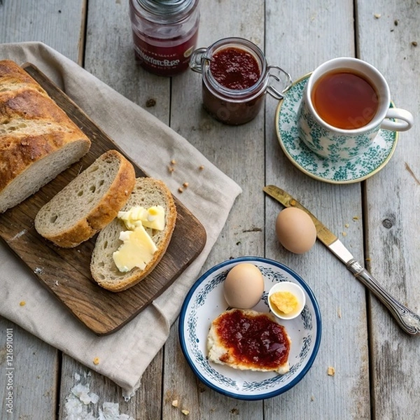 Obraz A rustic flat lay of a farmhouse breakfast: freshly baked bread, butter, jam, boiled eggs, and a cup of tea, styled on a weathered wooden table.