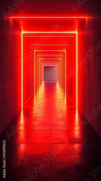 Obraz Digital technology red glowing neon corridor poster background