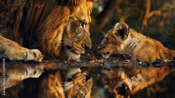 Fototapeta Lion father and cub bonding, reflecting in a still pond under golden sunlight