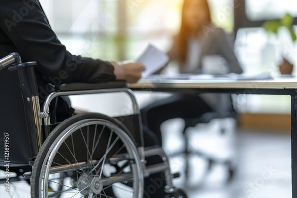Fototapeta Consultation With Financial Advisor. Disabled Businessman Discussing Disability Insurance Policy
