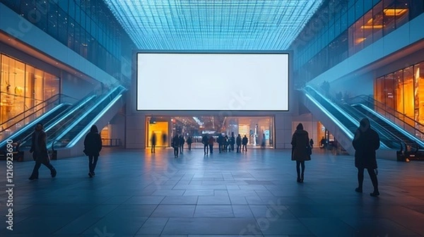Fototapeta Bustling urban center with large screen and illuminated escalators at dusk