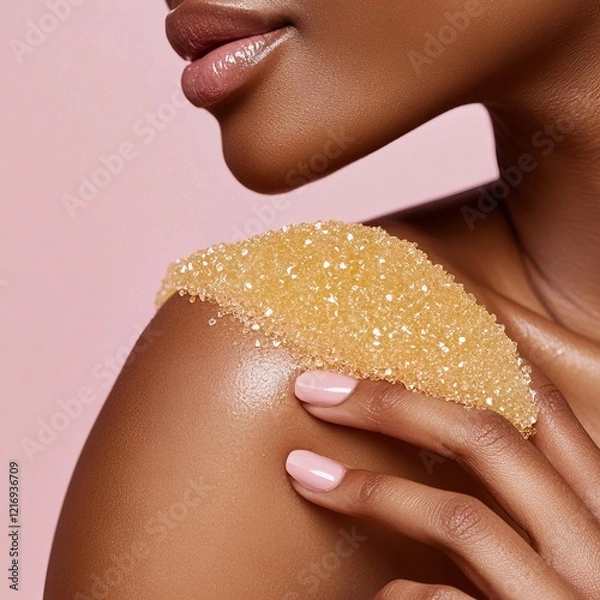 Obraz Close-Up Of Shoulder With Sugar Scrub, Pink Background