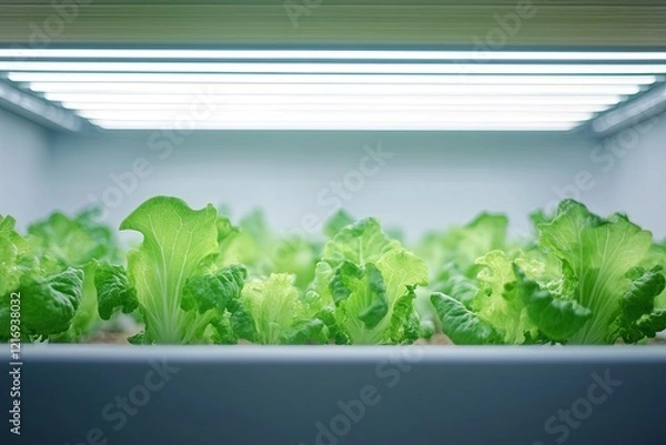Fototapeta A minimalist raised garden bed with rows of young lettuce plants. picture