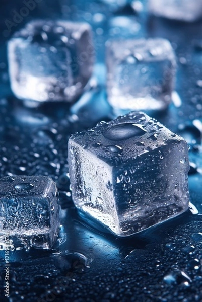 Fototapeta Close-up of glistening ice cubes with condensation droplets, melting slightly, in a pile on a reflective surface