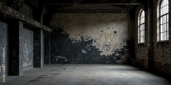 Fototapeta A dimly lit, expansive interior space within an aged industrial building, featuring aged brick walls with mottled dark paint, large arched windows, and a worn concrete floor.