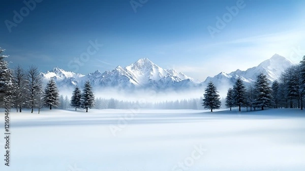 Fototapeta An 8k resolution panoramic view of a snowy winter landscape with blue skies, tall pine trees covered in snow, and distant mountains in the background, ultra-realistic, photo-realistic, highly 