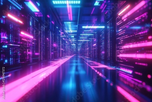 Fototapeta Neon Digital Corridor: A futuristic journey through a vibrant data stream.