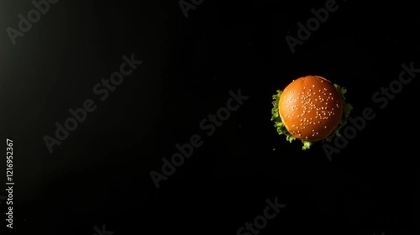 Obraz Delicious burger with sesame seed bun and fresh greens on a dark background