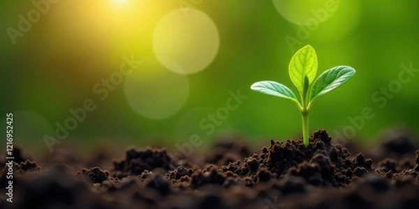 Fototapeta A tiny seedling emerges from dark soil, bathed in warm sunlight against a bokeh background of vibrant green.
