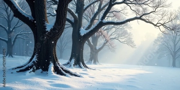 Fototapeta Serene Winter Landscape Majestic Snow-Covered Trees in a Misty Forest Showing a Tranquil and Peaceful Scene