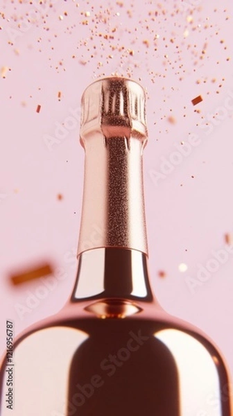 Fototapeta A champagne bottle pops, releasing a festive spray of gold confetti against a soft pink background.