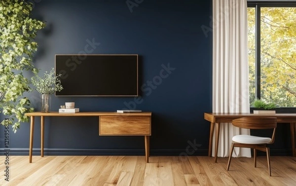 Fototapeta A stylish bedroom with a deep navy blue wall, a sleek desk, and a TV mock-up on the wall. The side window view adds natural light to the scene