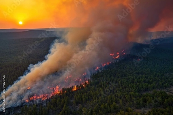 Fototapeta A large fire burns in a dense forest, with flames and smoke filling the air