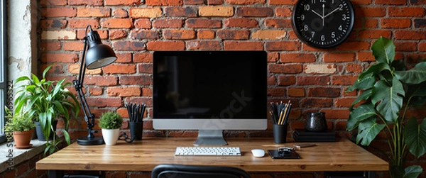 Fototapeta Modern workspace with computer on wooden desk against brick wall