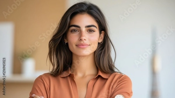 Fototapeta A confident businesswoman is smiling and relaxing, exuding a calm and professional aura. She is dressed in casual attire with a warm background.