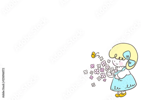 Fototapeta 花束を抱える水色のワンピースの女の子フレーム
	