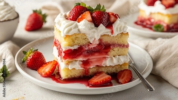 Fototapeta deconstructed strawberry shortcake dessert with layers of sponge cake, whipped cream and fresh berries on  white plate with drizzle of strawberry coulis