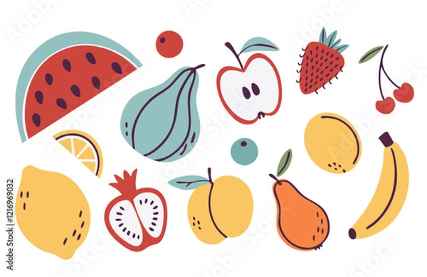 Fototapeta Doodle fruits set: watermelon, apple, banana, lemon, strawberry, cherry, pear, fig, pomegranate and berries. Flat vector fruits collection. Playful and vibrant design perfect for prints and patterns.