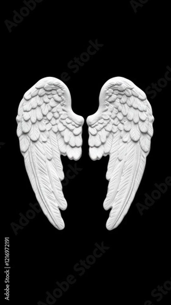 Fototapeta A pair of isolated, intricately detailed white angel wings set against a black background, creating a cinematic and natural look.