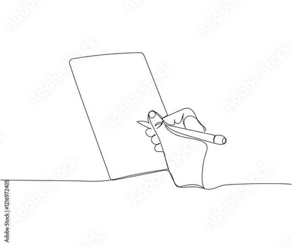 Obraz Write in a notebook, take notes, book, textbook one line art. Continuous line drawing of online learning, knowledge, cognition, science, student life, knowledge, school, education.