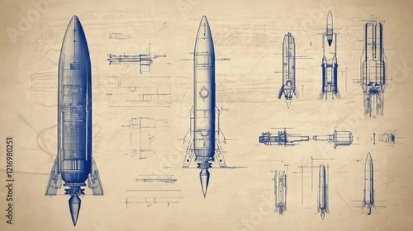 Fototapeta Technical blueprints of a rocket design showcasing various views and components.