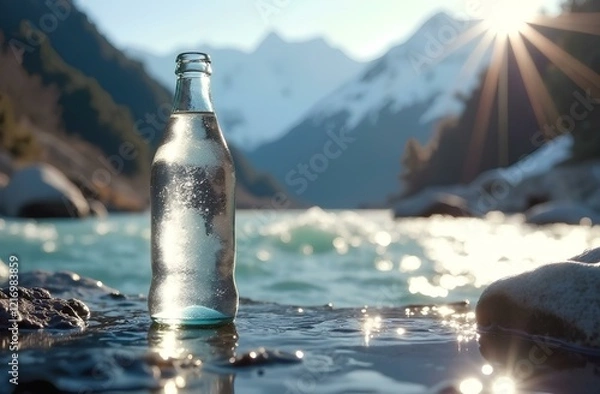 Obraz Glass bottle with transparent high-mountain water without labels against the backdrop of a mountain river