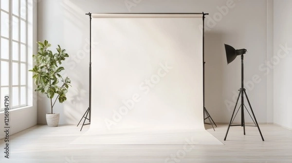 Obraz A photography studio setup with a white backdrop paper roll, tripod stand, and potted plant, bathed in soft, natural light from a large window.