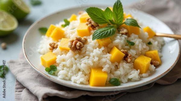 Fototapeta plate of rice porridge with coconut milk, mango, and walnuts