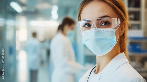 Fototapeta A healthcare worker wears a mask and goggles in a laboratory setting, emphasizing safety while conducting research. Another technician works in the background.