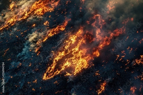 Fototapeta Aerial view of a fire burning in the middle of a field, with flames and smoke visible