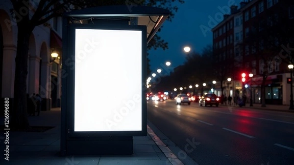 Fototapeta Blank Mockup Of Bus Stop Vertical Billboard On The Sidewalk At Night