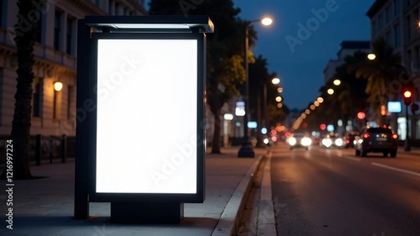 Fototapeta Blank Mockup Of Bus Stop Vertical Billboard On The Sidewalk At Night