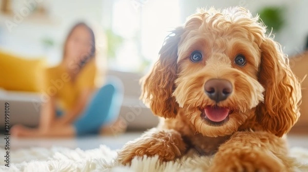 Fototapeta An adorable dog with fluffy fur playfully looking at the camera, resting on a soft rug in a bright indoor setting that feels warm and inviting for pet lovers.