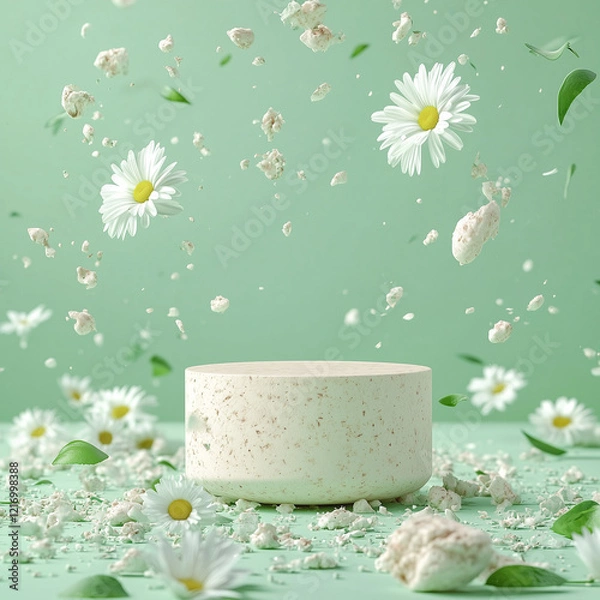 Fototapeta Floating daisies with textured podium for product presentation on green background