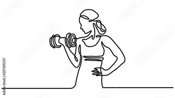 Fototapeta A woman lifts kettlebells in a continuous one line drawing. Female bodybuilder vector hand drawn silhouette clipart, Single continuous line drawing of young sportive man training up and down