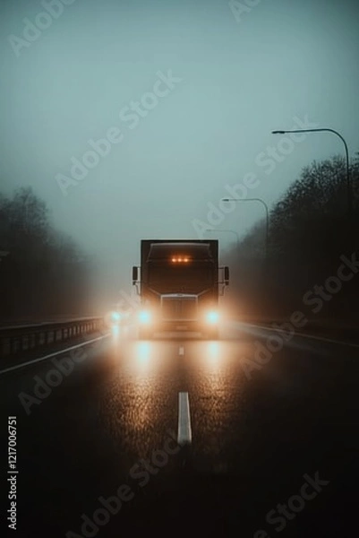 Obraz A powerful semi-truck with headlights on, driving through a foggy road at night, creating a mysterious and dramatic atmosphere.