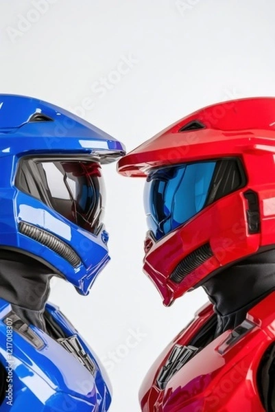 Fototapeta A striking image of two futuristic helmets, one blue and one red, facing each other. The sleek design emphasizes a theme of duality and competition.