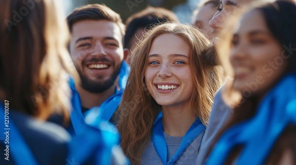Fototapeta Group of young people wearing blue ribbons, symbolizing support and awareness for autism advocacy and inclusion.